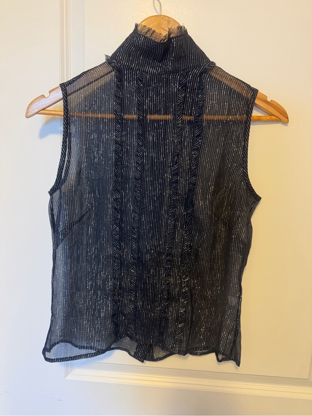 The Limited Black Sheer Sleeveless Mock Neck Top with Metallic Stripes. Ruffles